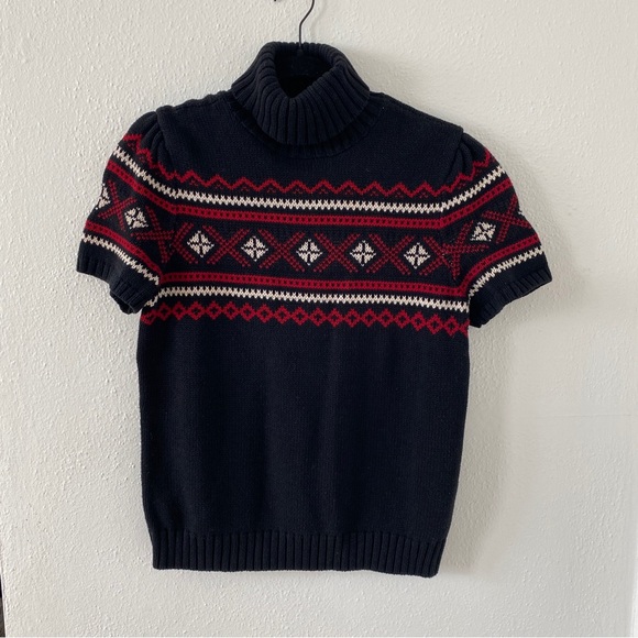 Vintage Cotton Fair Isle Short Puff Sleeve Knit Turtleneck Sweater Large - Picture 4 of 8